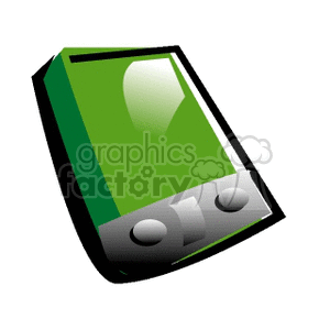 This clipart image features a stylized green handheld electronic device with two buttons at the bottom.