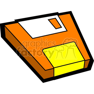 Clipart illustration of an orange floppy disk with a yellow label.