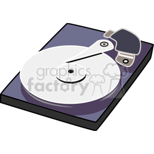 Clipart illustration of an open hard disk drive showing the platter and read-write head.