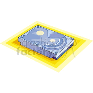 Illustration of a computer hard drive with a blue casing and a yellow background.