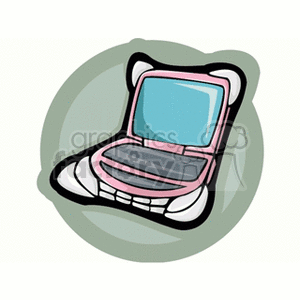 A cute, cartoon-style pink laptop with animal ears and details, placed on a circular green background.