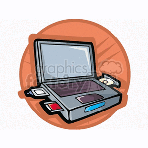 A stylized clipart image of an open laptop with various ports and a disc slot.