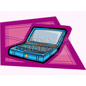 Illustrated clipart of a blue laptop against a purple geometric background.