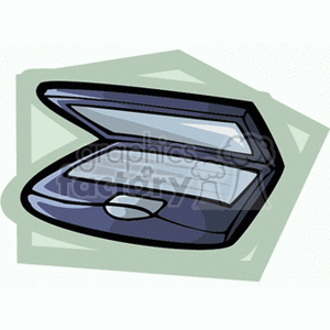 A stylized clipart image of a semi-open laptop with the keyboard and mouse pad visible 