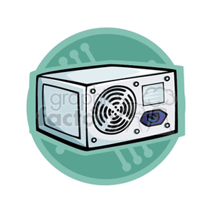 Clipart of a computer power supply unit (PSU) with a fan and switch, set against a green background with circuit design.