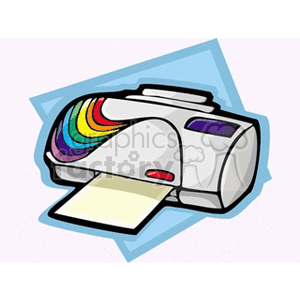 A colorful clipart image of an inkjet printer with paper emerging from it, featuring rainbow designs on the side.