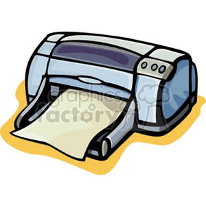 Clipart illustration of a printer with paper coming out of it, set against a simple background.