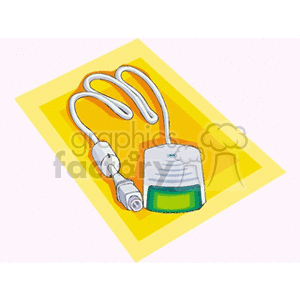 A clipart image of a handheld scanner with a cord on a yellow background.