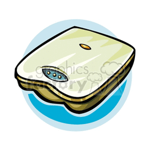 Clipart image of a flatbed scanner on a stylized background.