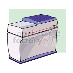 Clipart illustration of an office printer with a blue top and beige body on a green background.