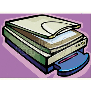 A colorful clipart illustration of a flatbed scanner on a purple background.