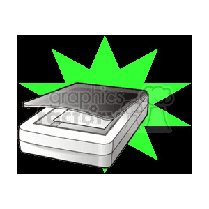 Clipart image of a flatbed scanner with a bright green starburst background.