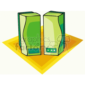 Illustration of two green computer speakers on a yellow geometric background.