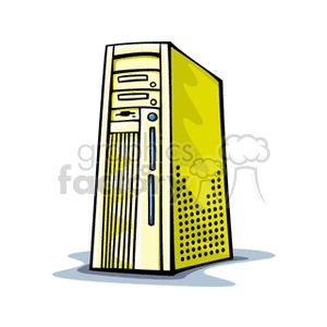 Illustration of a yellow computer tower with CD drives and ventilation holes.