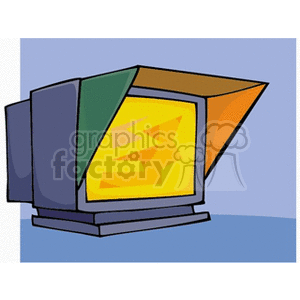 Colorful retro computer monitor with abstract geometric shapes on the screen.