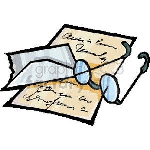 Clipart image of an old handwritten letter with a pair of reading glasses placed on top.