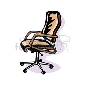 A clipart image of a brown cushioned office chair with armrests and wheels.