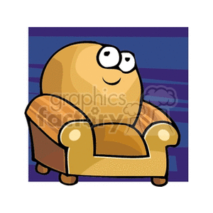 A cartoon plush armchair against a blue background, with a face on it