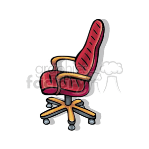 A clipart image of a red office chair with armrests on a wheeled base.