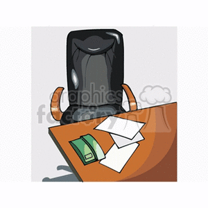 A cartoon style image of an office desk with a black chair, papers, and a phone on the desk.