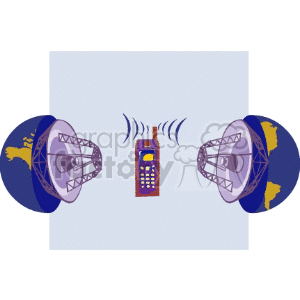 Clipart image of a mobile phone with two satellite dishes on either side, illustrating communication technology.