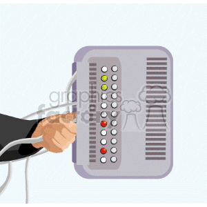 A clipart image of a hand holding a control panel with buttons and indicator lights.