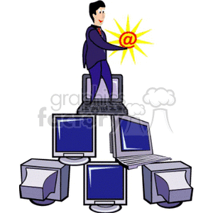 Clipart image of a person standing on a laptop, holding an email icon, with multiple computers and monitors stacked below.