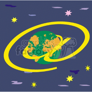 A clipart image of the Earth encircled by a yellow ring that says 