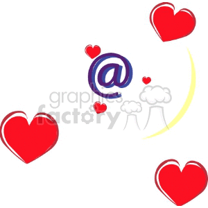 This clipart image features the @ symbol surrounded by multiple red hearts in various sizes.