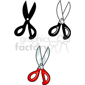 Three illustrations of scissors: one solid black, one outlined, and one with a realistic red handle.