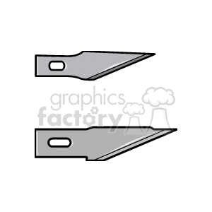 Clipart image of two scalpel blades in grey, with sharp pointed edges and openings at the base for attachment.