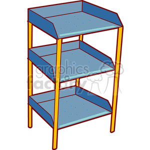 A colorful clipart illustration of a three-tiered paperwork shelf with blue shelves and yellow frame.