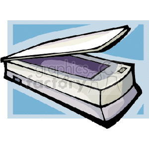 A clipart image of a flatbed scanner with an open lid on a blue background.