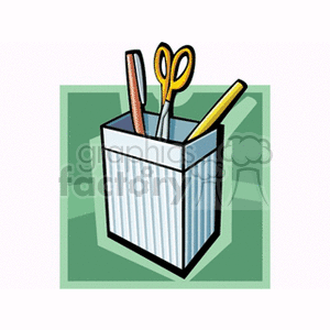 Clipart of a pencil holder containing a ruler, scissors, and a pencil against a green background.