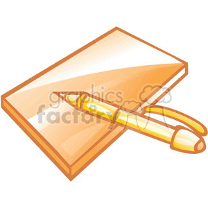 The clipart image shows a notepad and pen. The notepad is closed, with blank pages visible, and it is angled towards the viewer. The pen is placed diagonally on top of the notepad and is depicted in a yellow and orange color with a visible clip, suggesting it might be a retractable ballpoint pen.