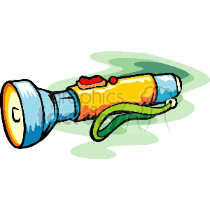 A colorful clipart image of a flashlight with a red button and a green strap, casting light.