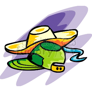 Colorful clipart image of a yellow sombrero and a green baseball cap, with a purple abstract background.