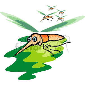 Clipart image of a group of cartoon mosquitoes over a green water surface.