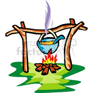 A clipart image of a cooking pot hanging over a campfire. The pot is suspended by a wooden tripod, and there is steam coming from the pot, indicating it is hot.