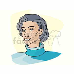 A colored clipart illustration of a person with short gray hair wearing a blue turtleneck. The person appears to be smiling slightly and looking to the side.