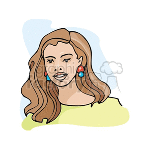 Clipart image of a smiling woman with long brown hair and colorful earrings.