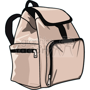 Clipart image of a beige backpack with black straps and zippers.