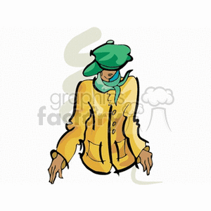 Clipart image of a person wearing a green hat, green scarf, and yellow jacket.