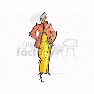 Clipart image of a fashionably dressed woman in an orange jacket and yellow skirt, standing confidently with hands on hips.