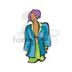 Clipart image of a stylized figure with purple hair, wearing a blue jacket over a green outfit.