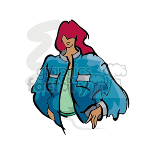 A stylized clipart image of a person with red hair wearing a blue oversized jacket and green shirt.