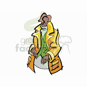 A stylized clipart image of a person wearing a yellow coat over a green sweater and white shirt.