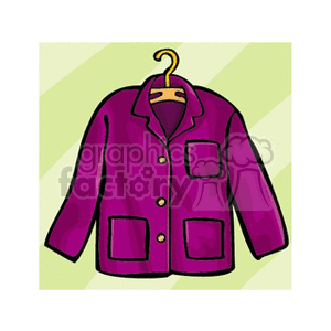 A digital illustration of a purple coat with buttons and pockets, hanging on a yellow hanger against a green patterned background.