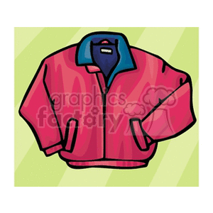 Clipart image of a red jacket with a blue collar against a light green background.