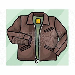 A clipart illustration of a brown jacket with a zipper and pocket detailing, displayed on a green background.